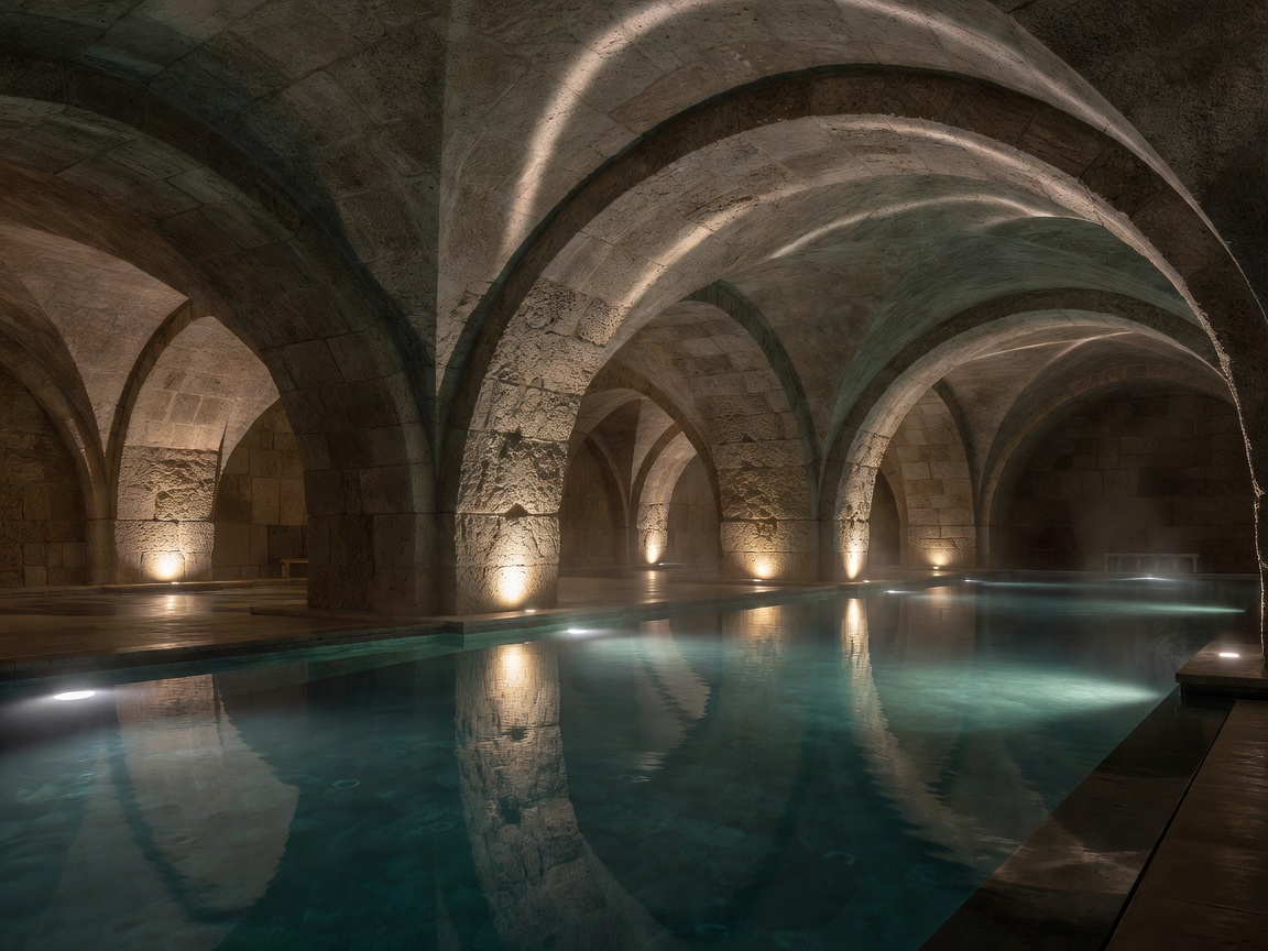 Architectural indoor hydrotherapy pool with stone arches and subdued ambient lighting at Chenot Espace