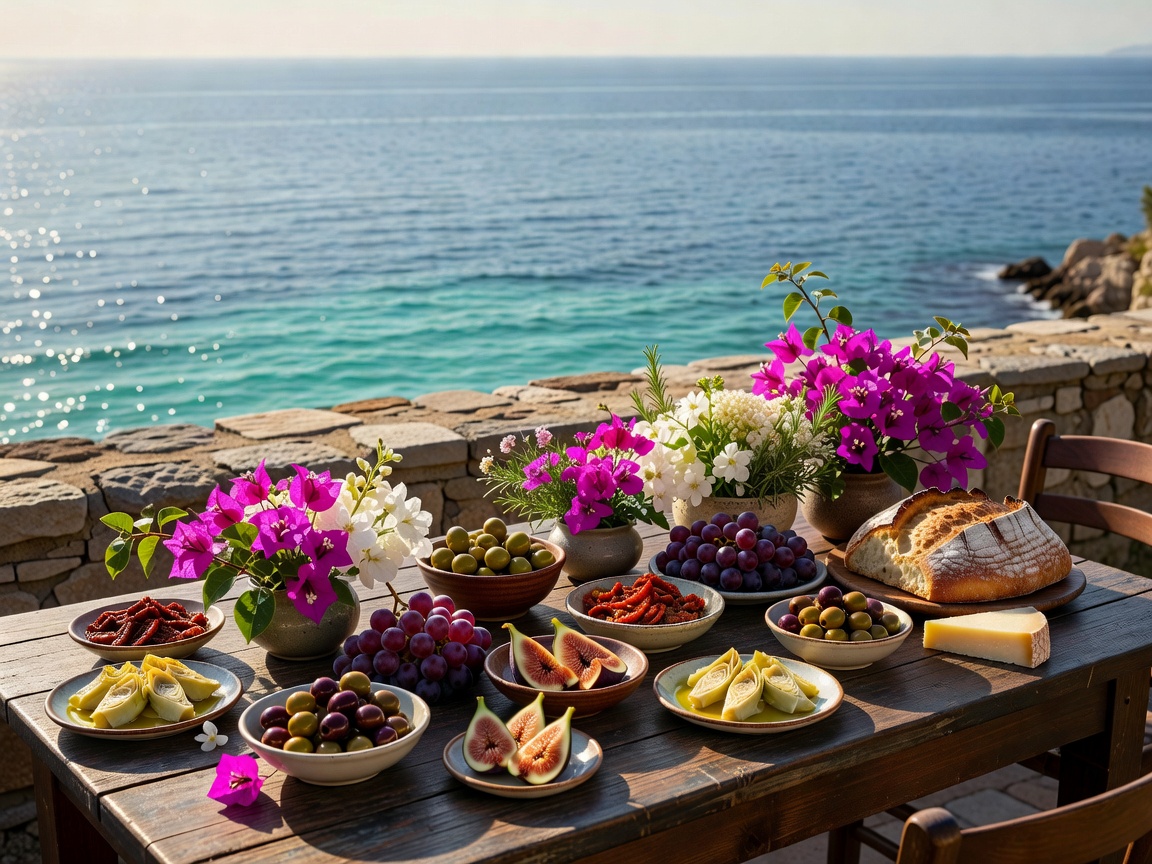 Lush outdoor dining table at Sabia overlooking the sparkling Adriatic sea