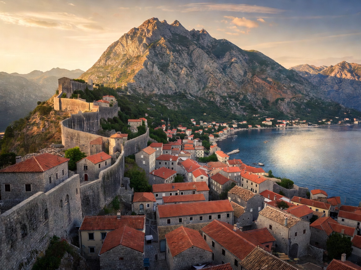 Panoramic view of Kotor Old Town fortified walls rising into the craggy mountain peaks above the bay