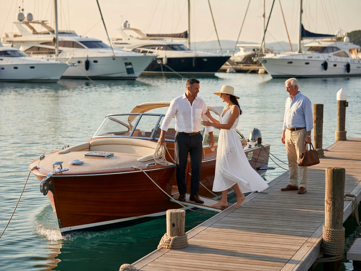 Personal host assisting guests boarding a private wooden motor launch in Portonovi Marina