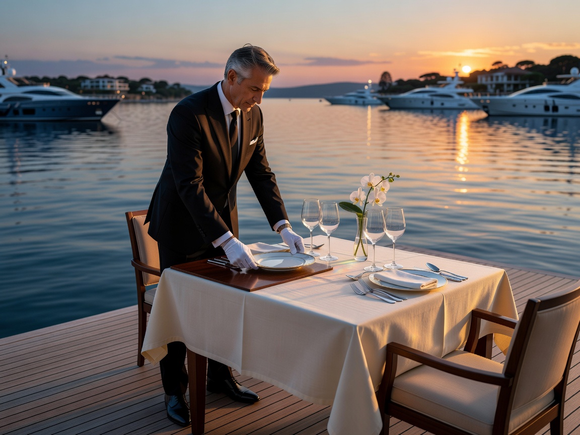 Private butler preparing an outdoor sunset dining setting along the Portonovi marina