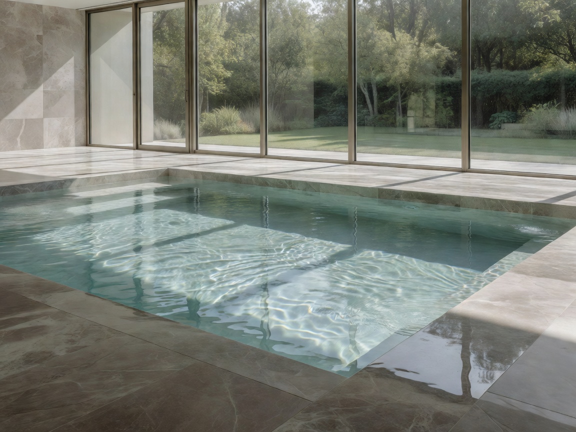 Serene indoor hydrotherapy pool with natural stone and floor-to-ceiling glass at Chenot Espace