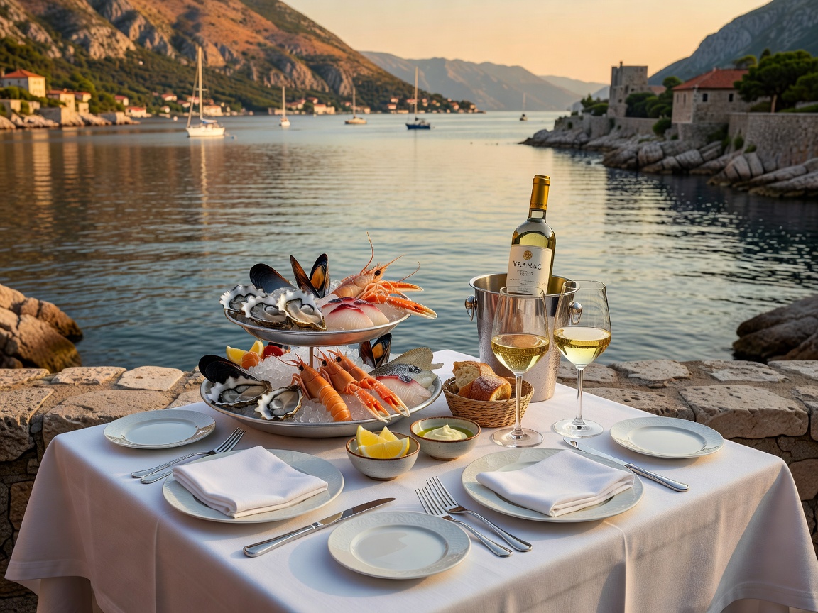 Waterfront fine dining table set with fresh seafood and regional Montenegrin wine